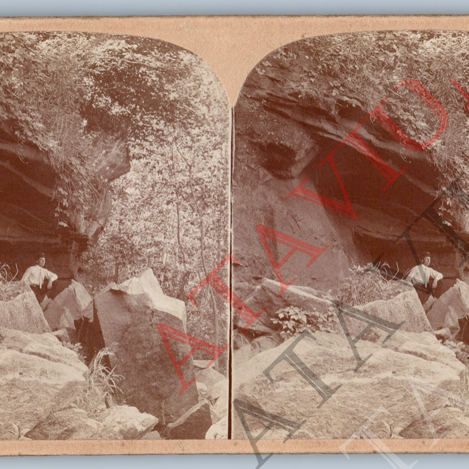 c1900s Generic Man Nature Outlook Outdoors Spelunking Real Photo Stereoview V42