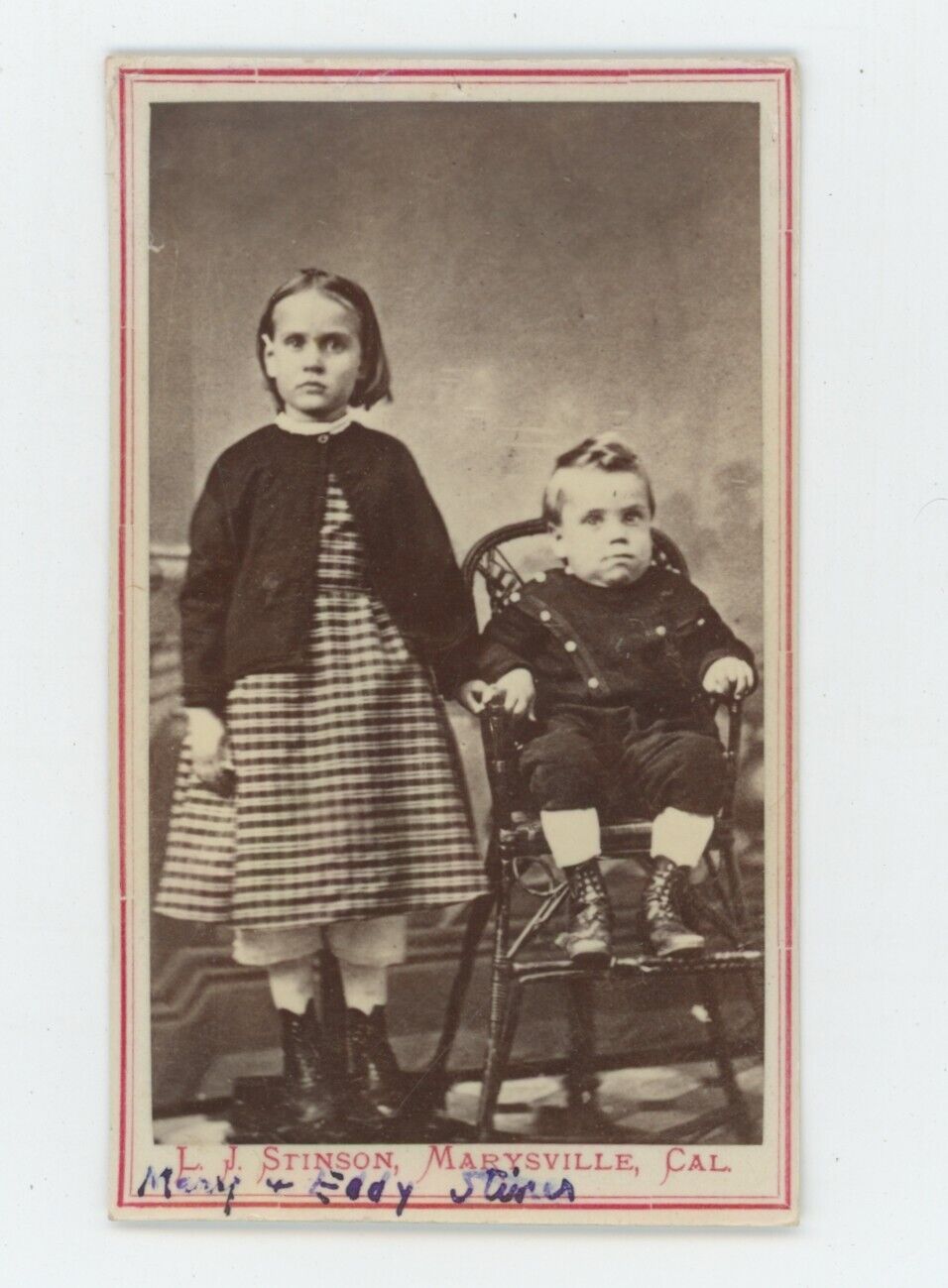 Antique ID'd CDV c1870s Creepy Photo of Sister & Brother in Chair Marysville, CA