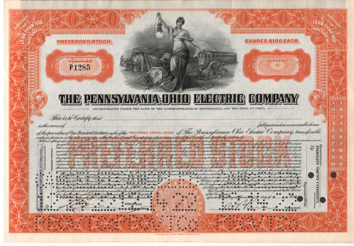 Pennsylvania-Ohio Electric Company - Original Stock Certificate -Unused - P1285
