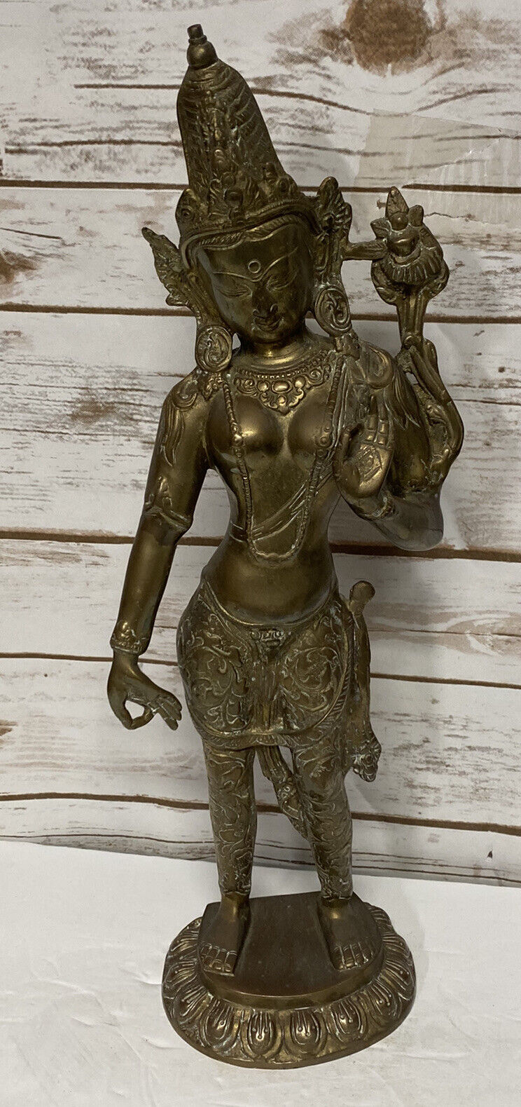 Vintage Solid Brass Tara Tibetan Buddhist Deity Figure 16 5/8”