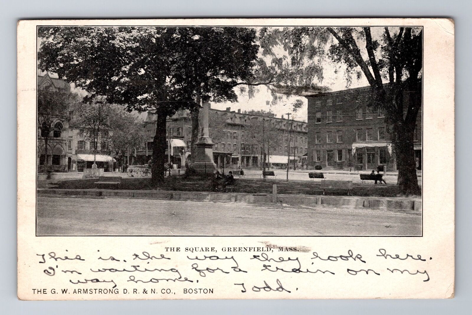 Greenfield MA-Massachusetts, The Square, Monument, Vintage c1906 Postcard