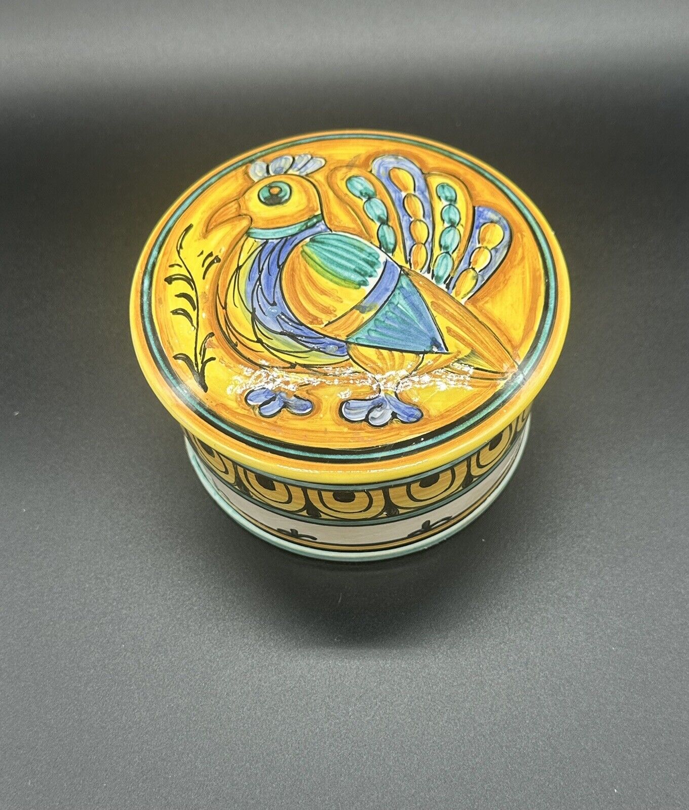 DERUTA Italy Ceramic Hand Painted Box Round Trinket Jewelry Holder w Lid