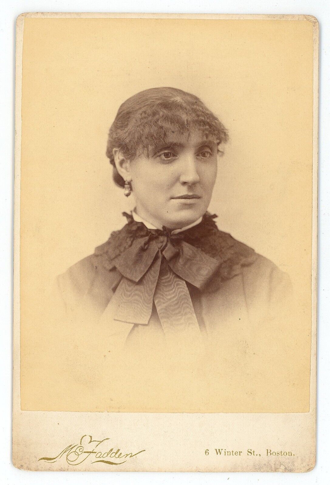 Antique Circa 1880s Cabinet Card McFadden Lovely Woman In Dress Boston, MA