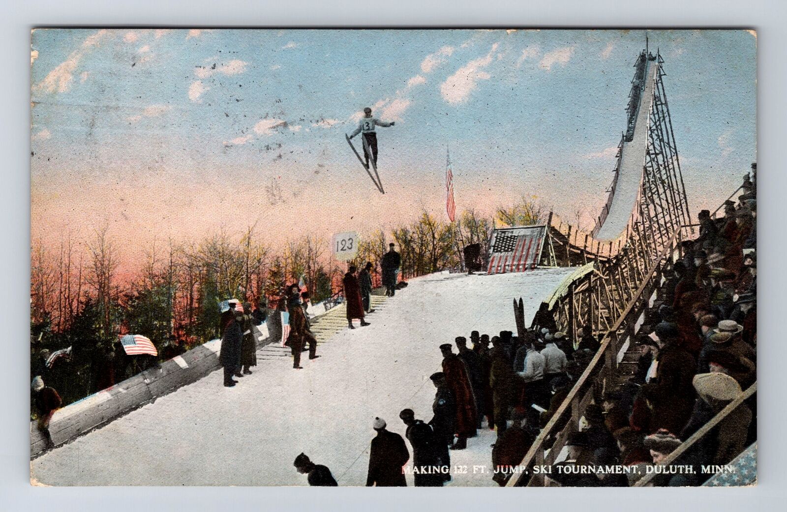 Duluth MN-Minnesota, Making 132 Ft Jump, Ski Tournament, Vintage c1915 Postcard