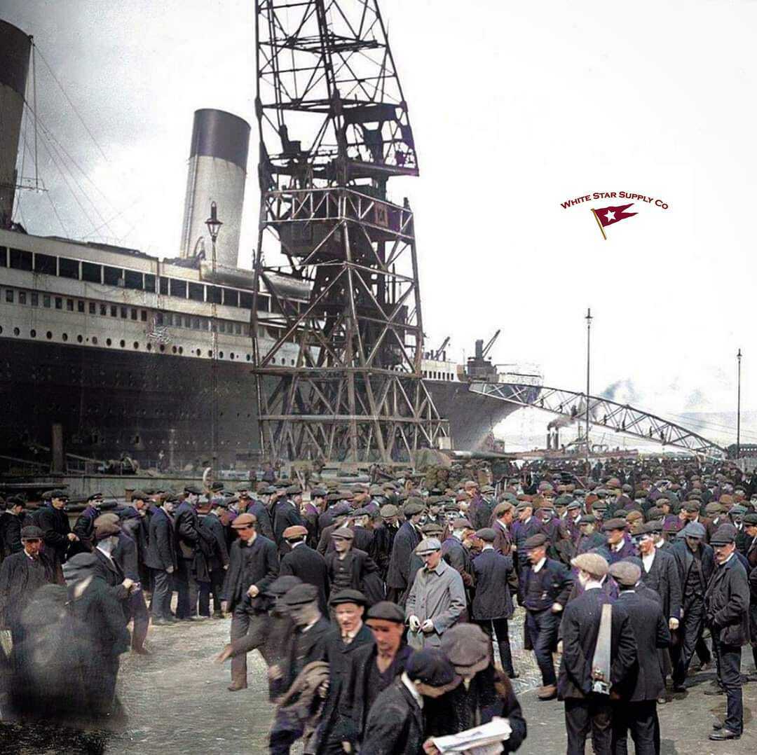 RMS TITANIC HARLAND & WOLFF YARD WORKERS COLORIZED- FLOATING CRANES IN BACKGROUN
