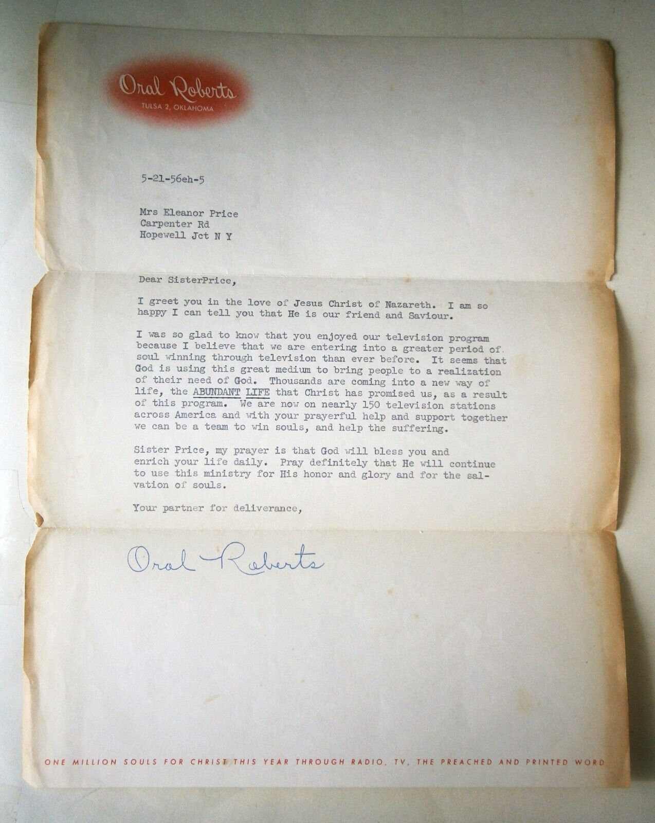 Oral Roberts Signed Letter dated May 1956