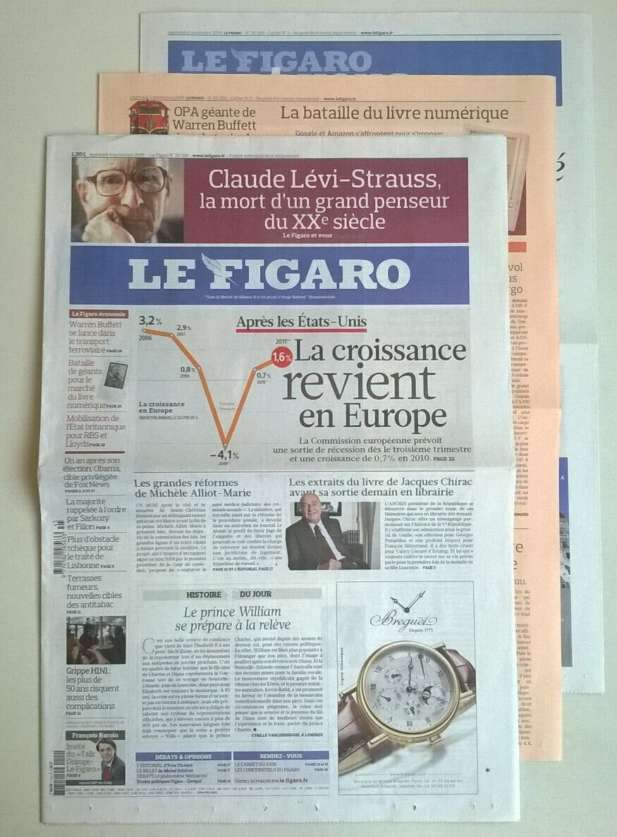 LE FIGARO N°20 299 of 04/11/2009 - LA MORT DE CLAUDE LEVI-STRAUSS / H1N1 flu