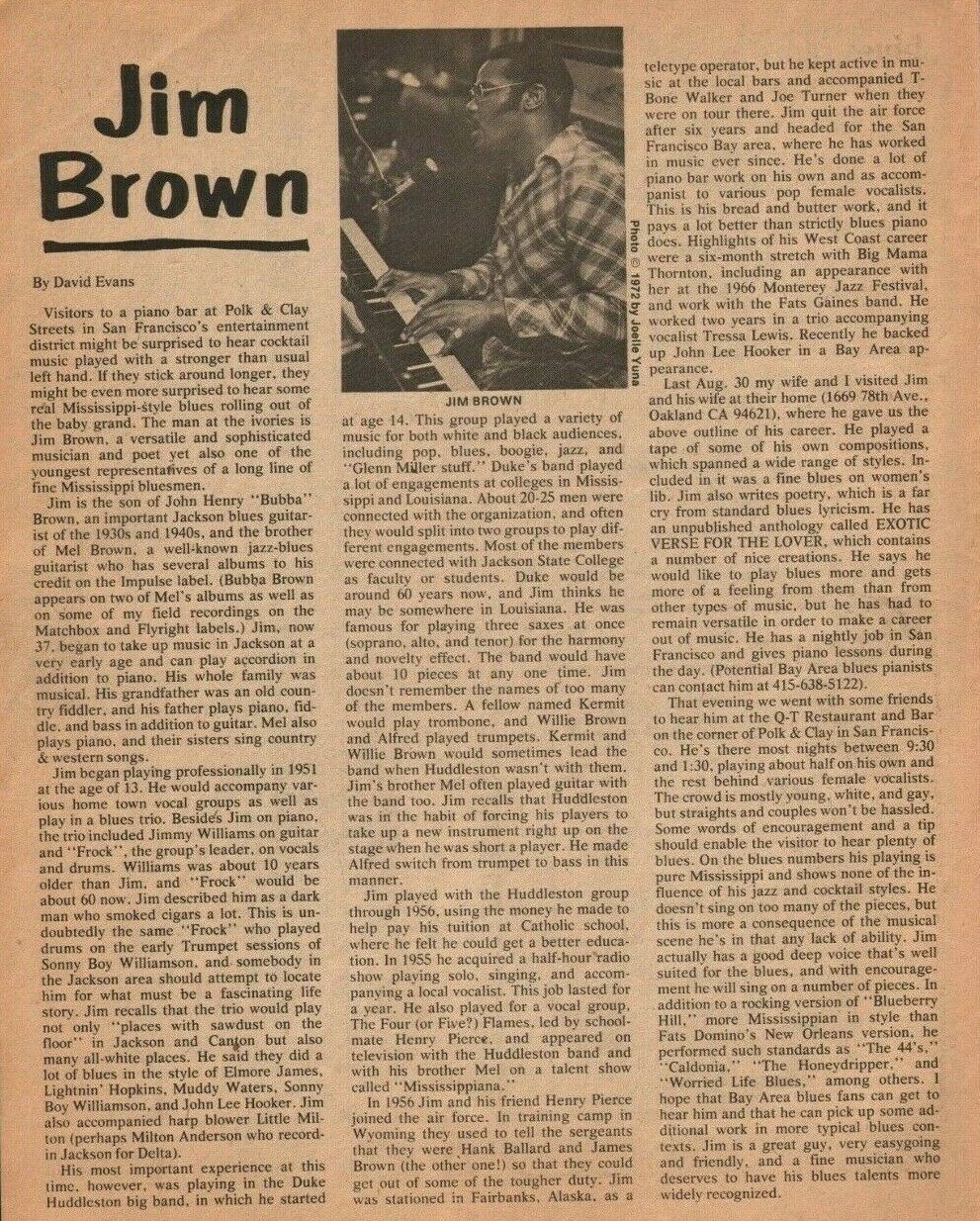 1976 Jim Brown Blues QT Piano Bar Polk & Clay St San Francisco - 1-Page Article