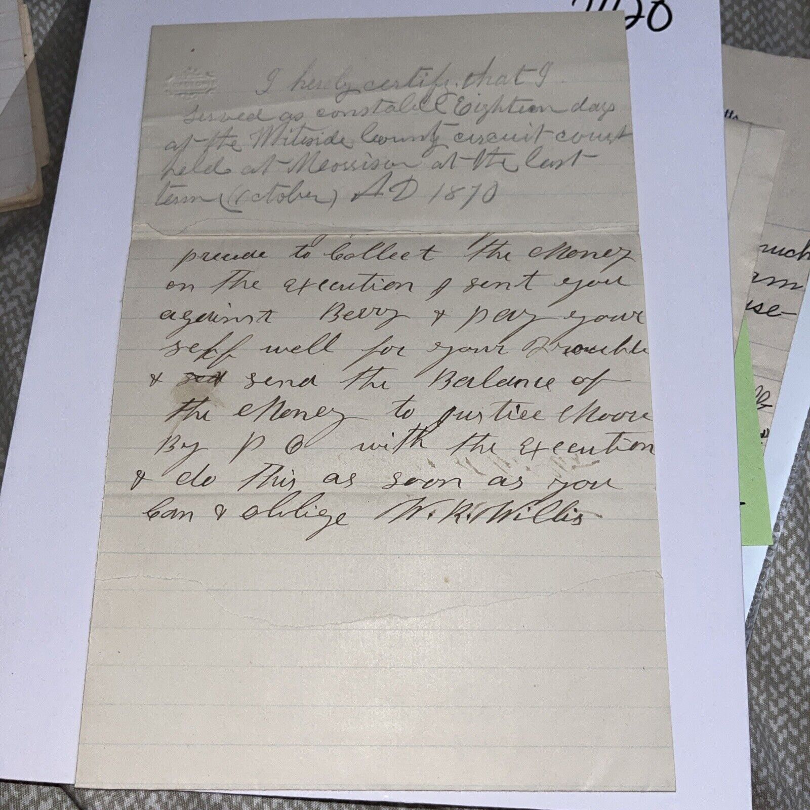 1870 Letter Certifying Days Worked as Constable, Whiteside County Circuit Court