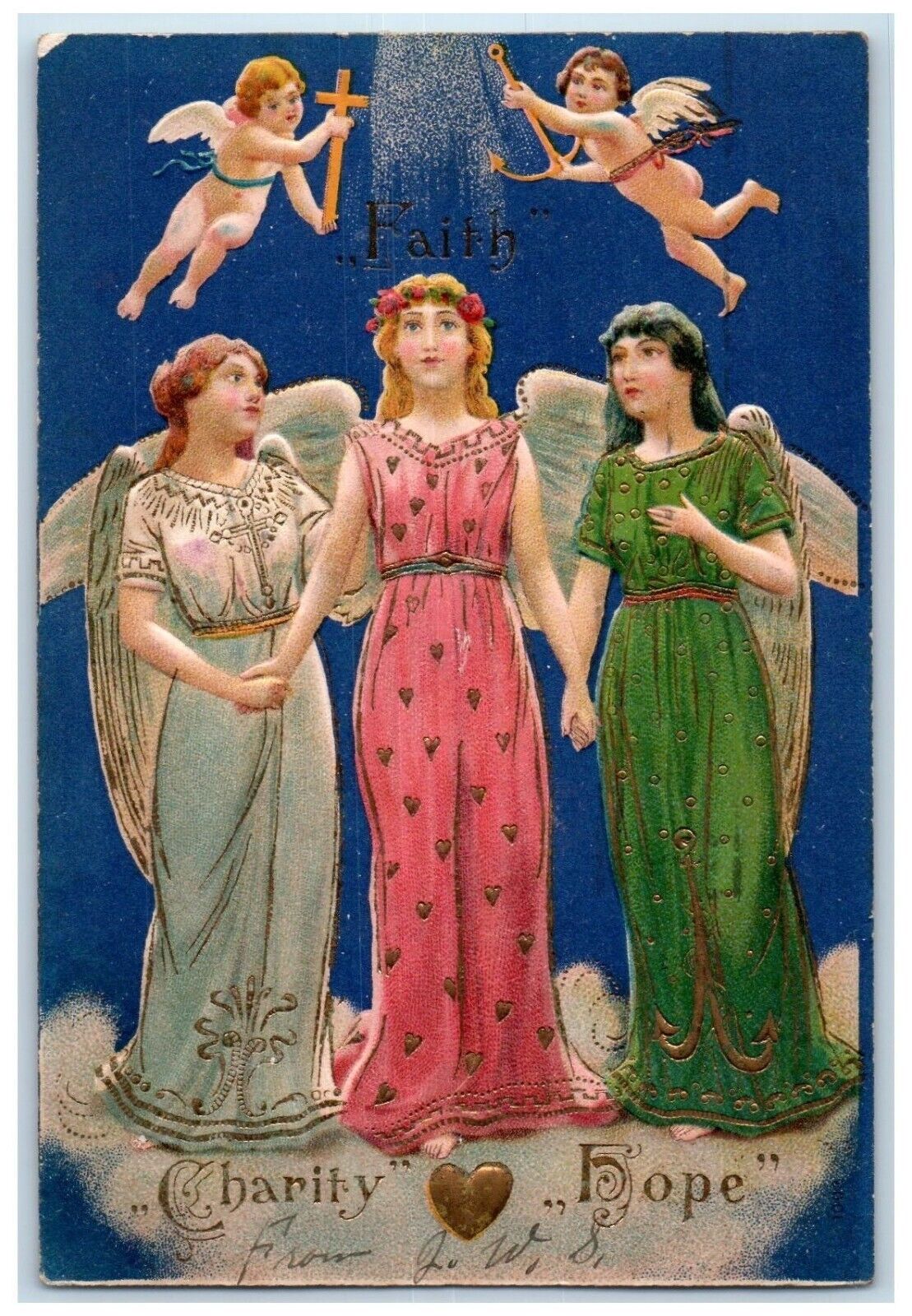 c1910's Easter Angels With Holy Cross Anchor Charity Hope Embossed Postcard