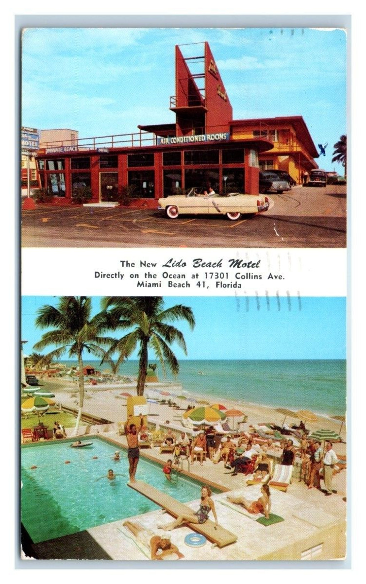 New Lido Beach Florida Motel Cocktail Lounge Pool VTG Postcard Posted 1955 A4