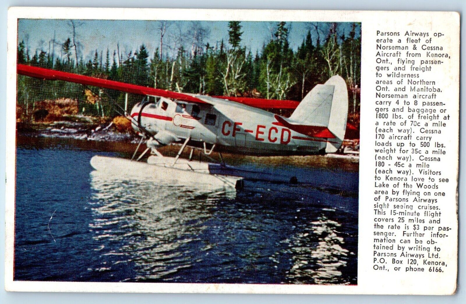 Kenora Ontario Postcard Parsons Airways Norseman Cessna Aircraft c1960 Vintage
