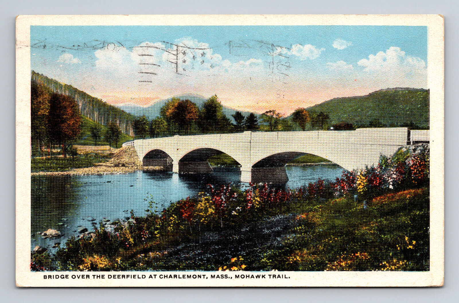 c1918 WB Postcard Bridge over Deerfield River Mohawk Trail at Charlemont Mass