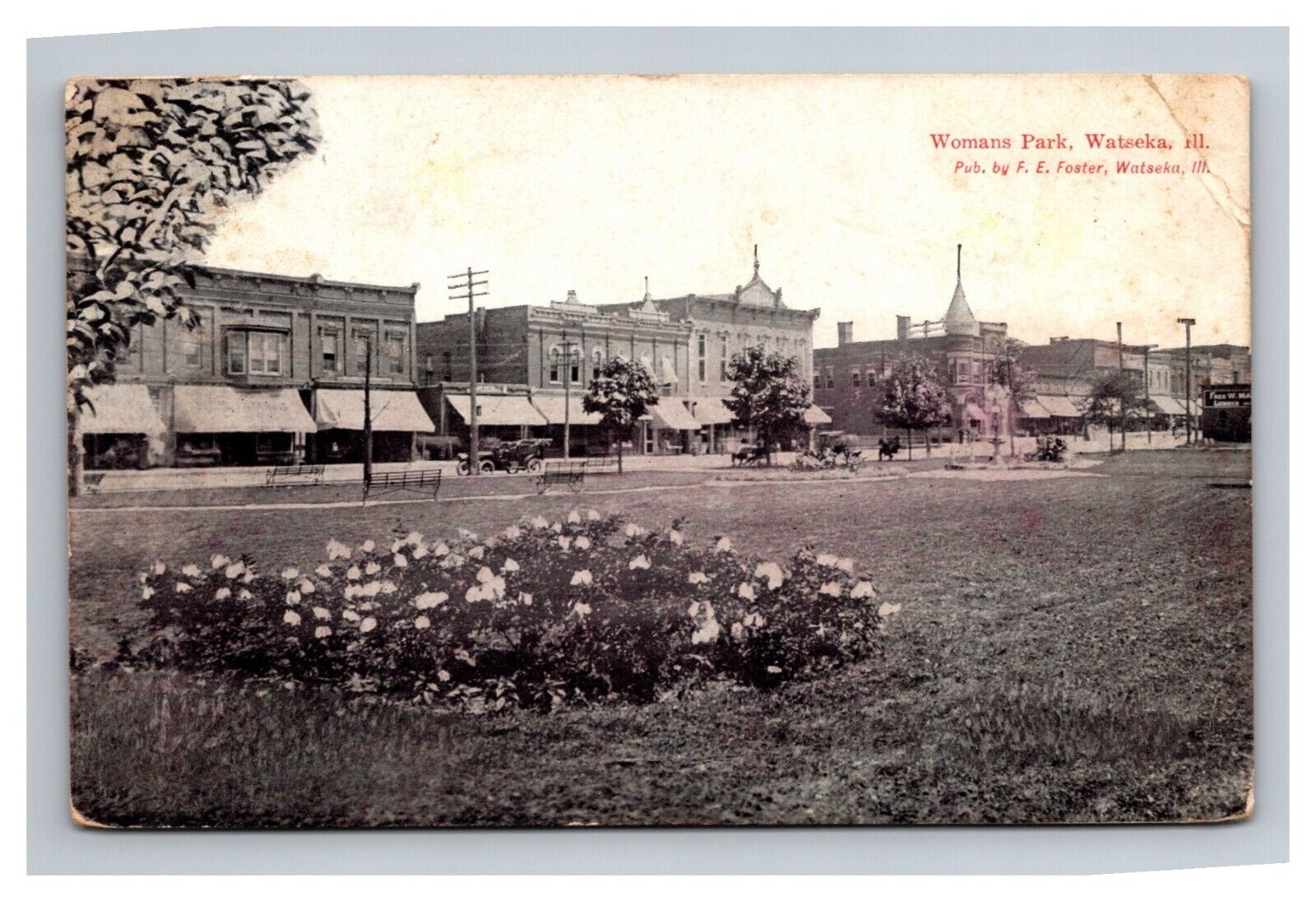 Postcard Watseka Illinois Downtown Square Women\'s Park