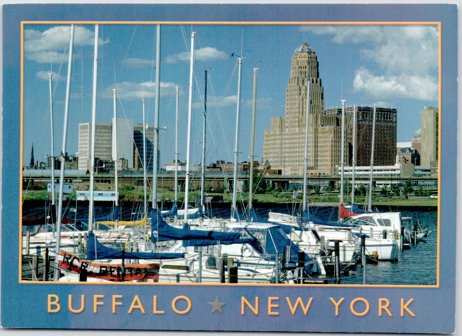 Buffalo New York City Hall Skyline Erie Basin Marina Boats USA Vintage Postcard