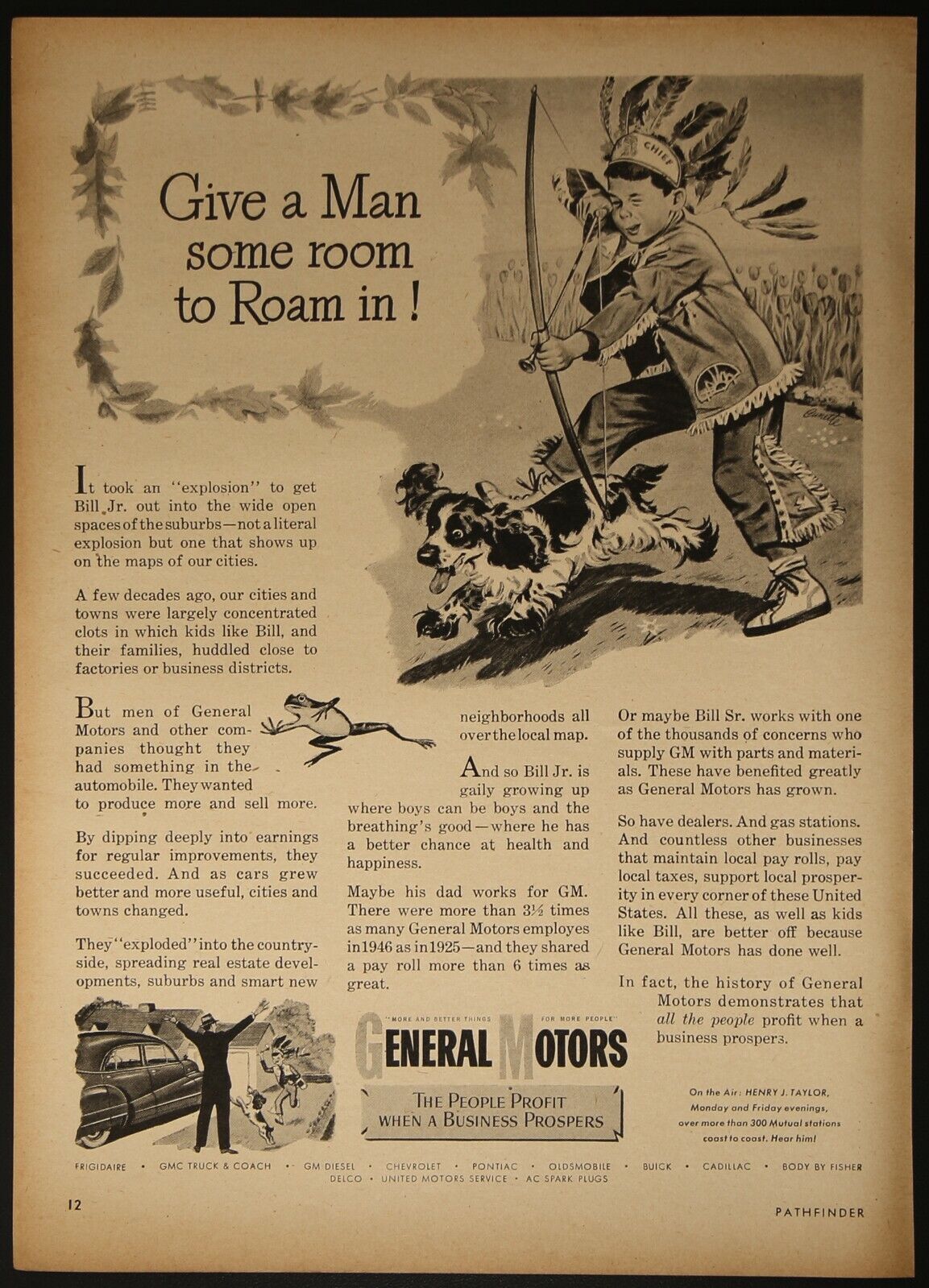 GM General Motors Room to Roam Child Dog Bow Arrow Vintage Print Ad 1947