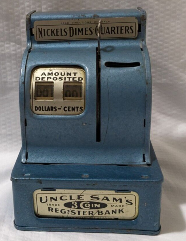 Vintage Uncle Sams 3 coin Metal Register Bank nickels dimes & quarters **WORKS**
