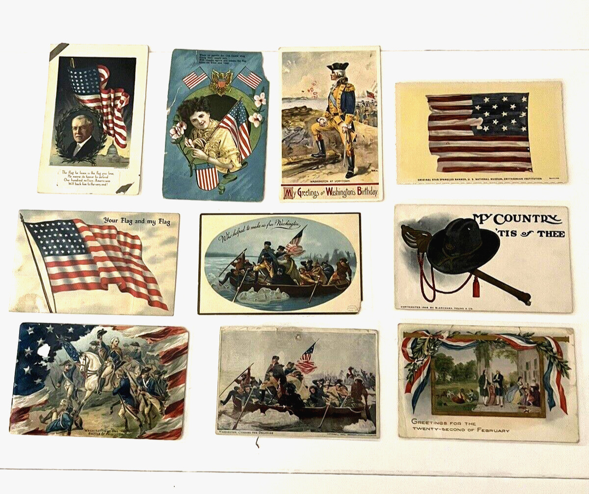 10 Antique American Patriotic/4th of July Postcards, Am. Flag, Washington, GAR