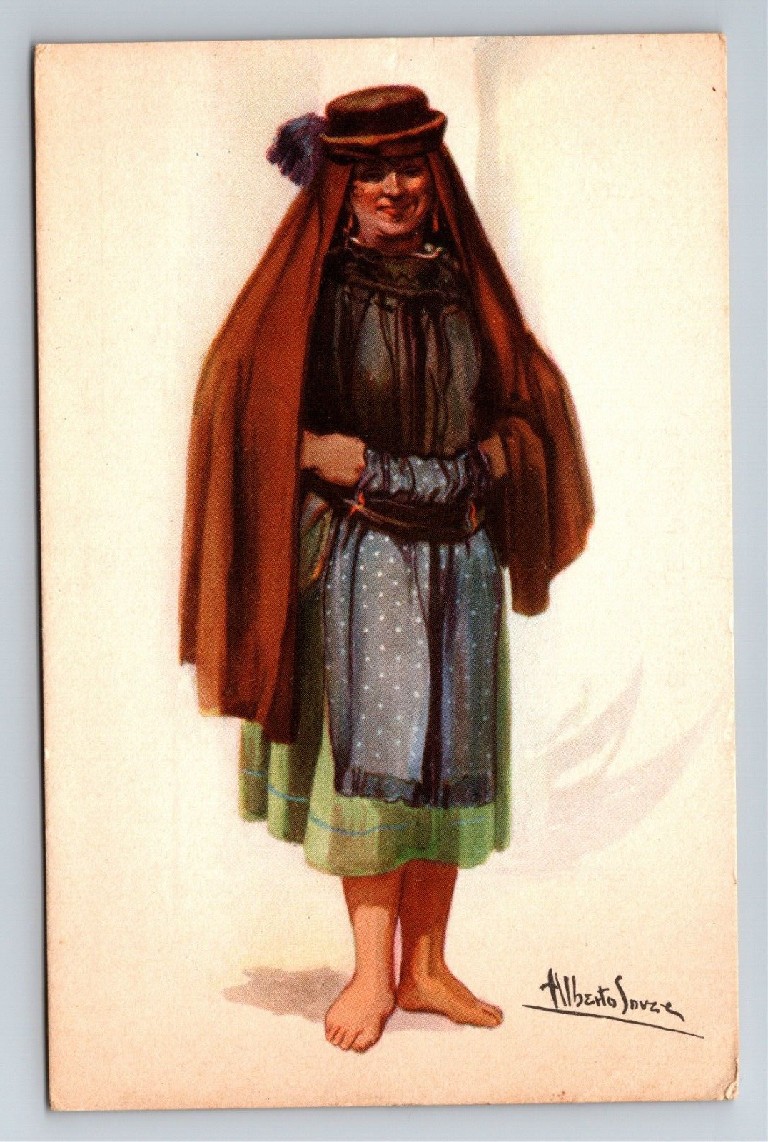 Vintage Postcard - Alberto Souza Art - Ethnic Women\'s Dress - Portugal