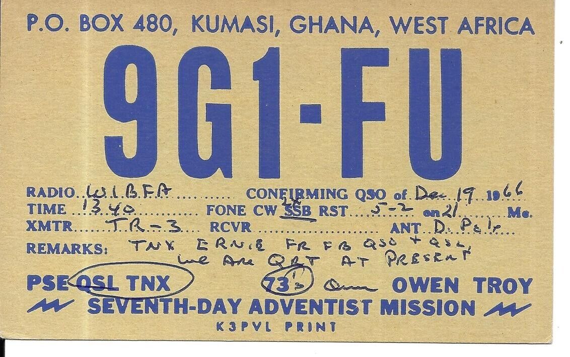 QSL  1966 Ghana  Seventh Day Missionary    radio card