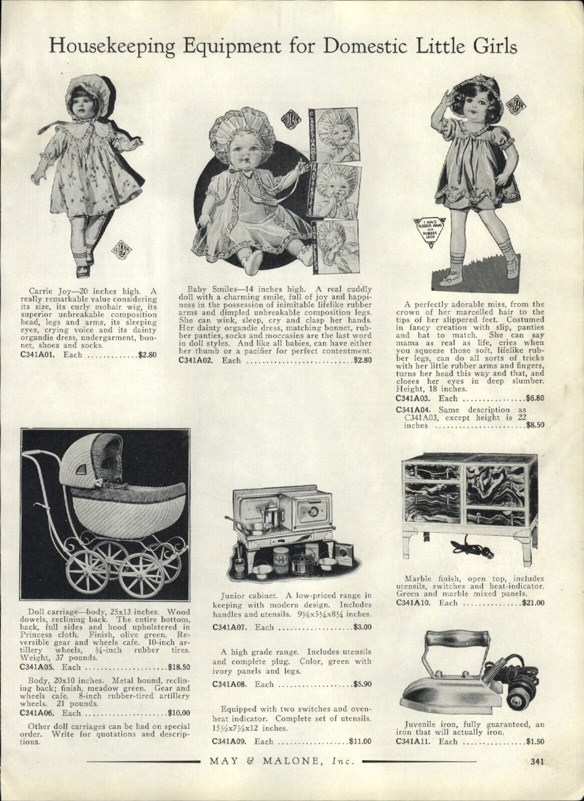 1933 PAPER AD Ideal Doll Carrie Joy Carriage Baby Smiles Honeysuckle Tickletoes 