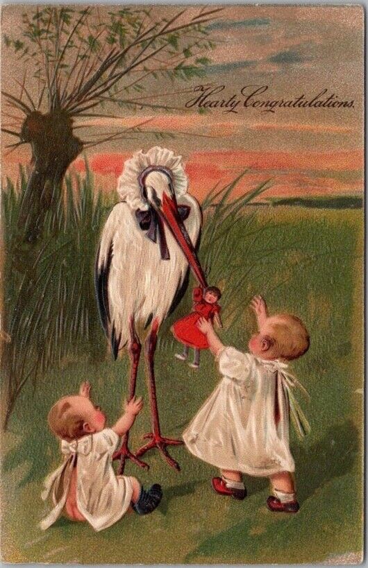 1910s Stork / Birth Announcement Postcard 