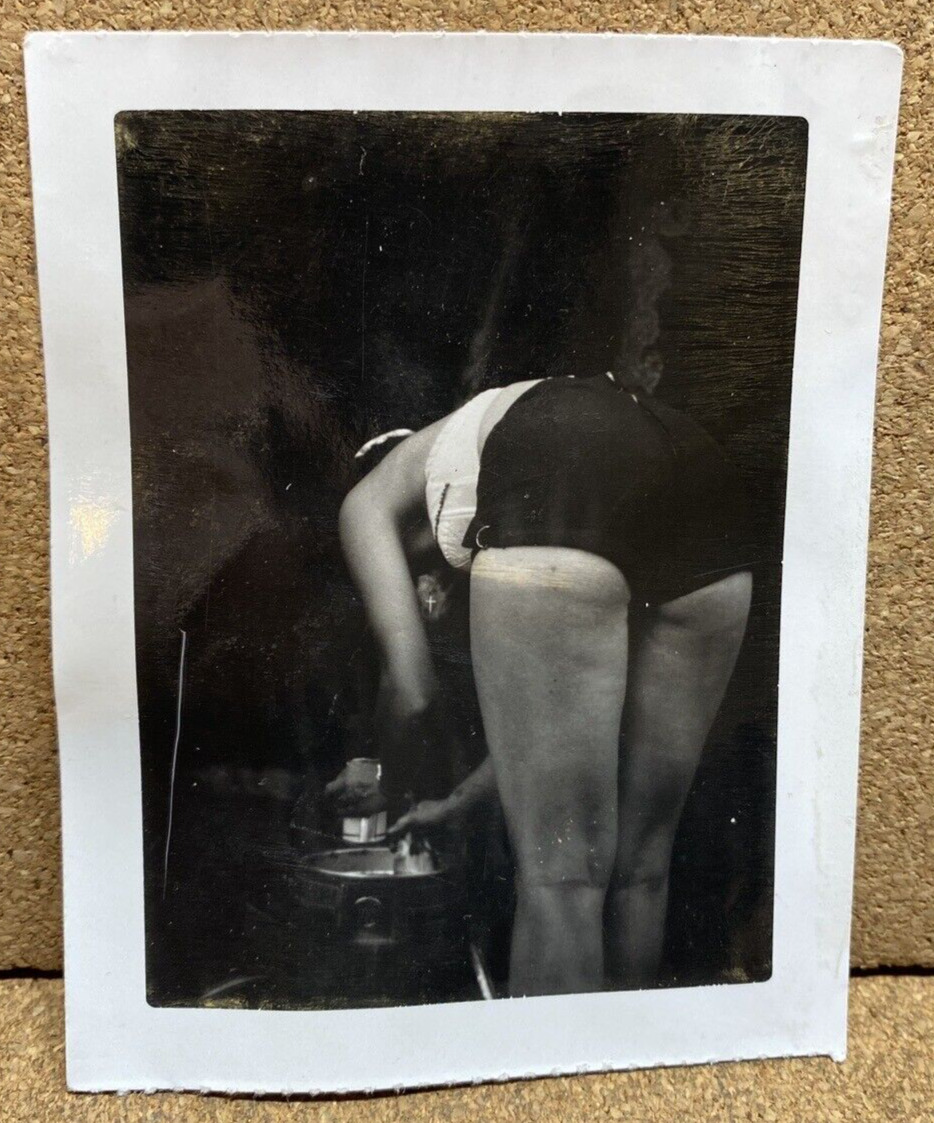 Vintage 1950s Risque Polaroid of Woman Bent Over in Bra and Panties