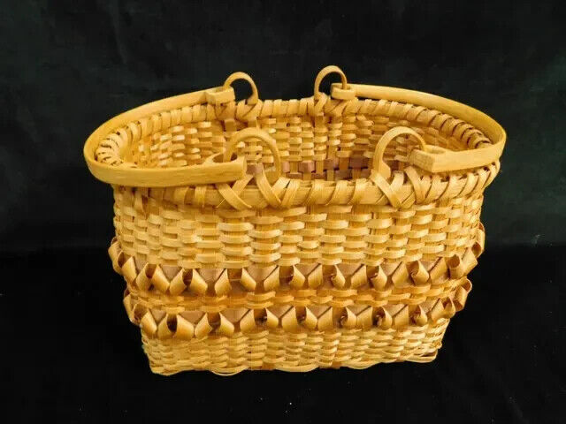 Fine Fancy Cherokee Maple Market Basket Curls Carved Handles Native American