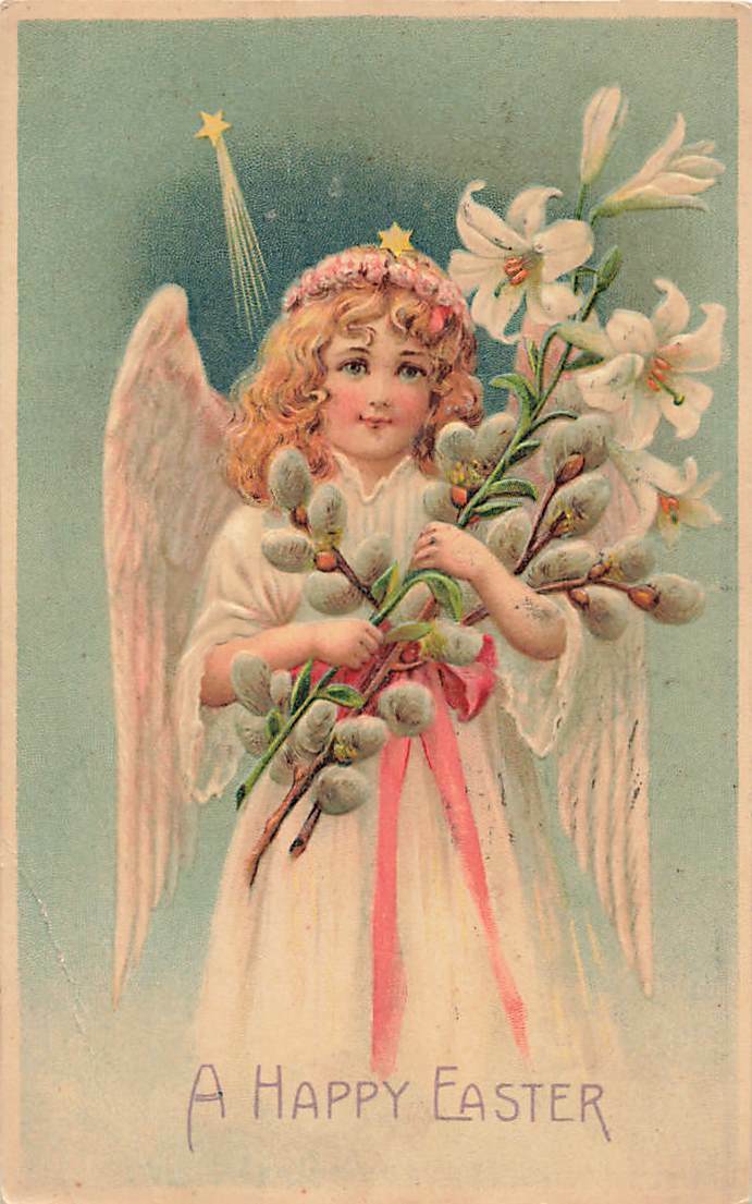 c1910 Lovely Angel Star Lilies Willow Embossed Germany Easter  P372