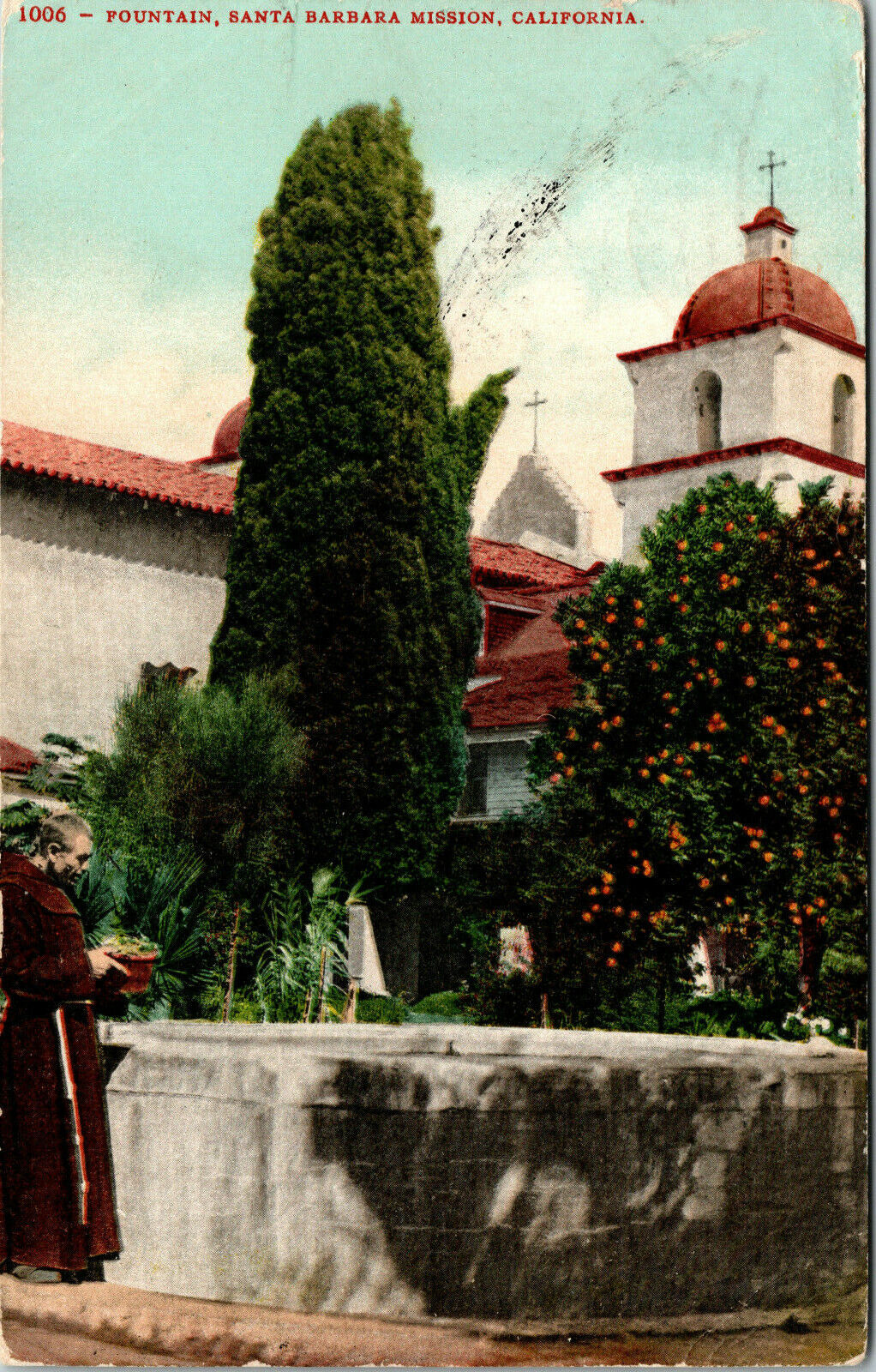 Fountain Santa Barbara Mission California Antique Postcard Posted 1908