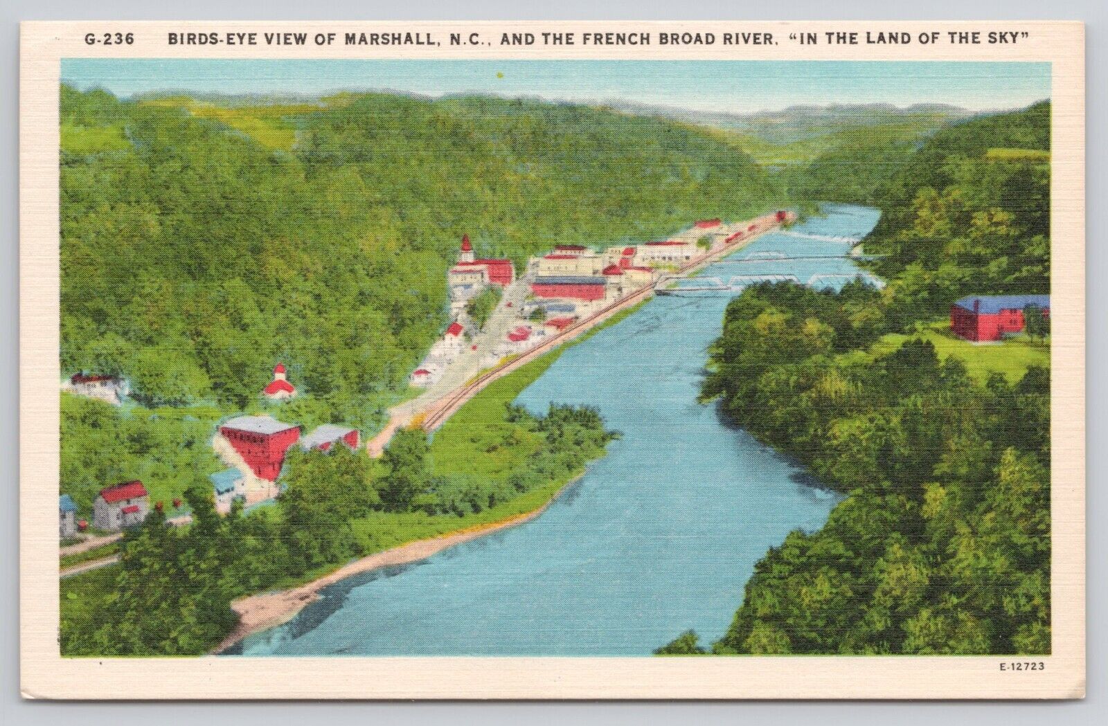 Aerial Birds-Eye View of Marshall NC North Carolina French Broad River Postcard