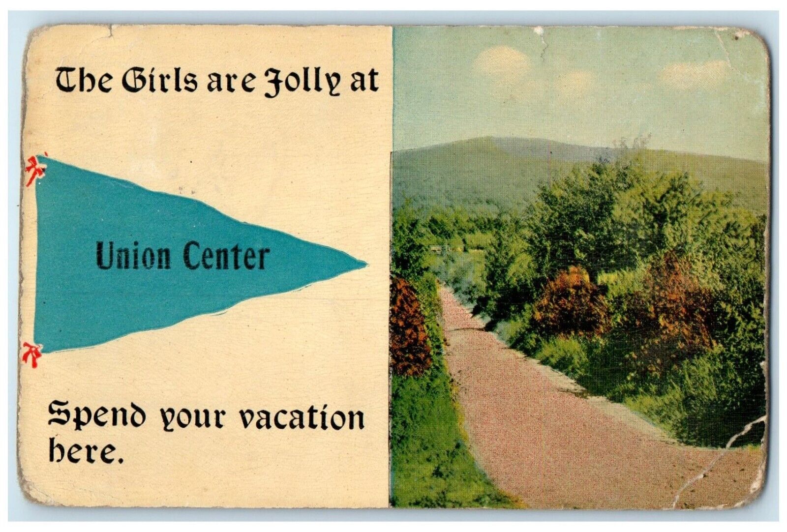 1913 Union Center Spend Your Vacation Here Wisconsin Pennant Vintage Postcard