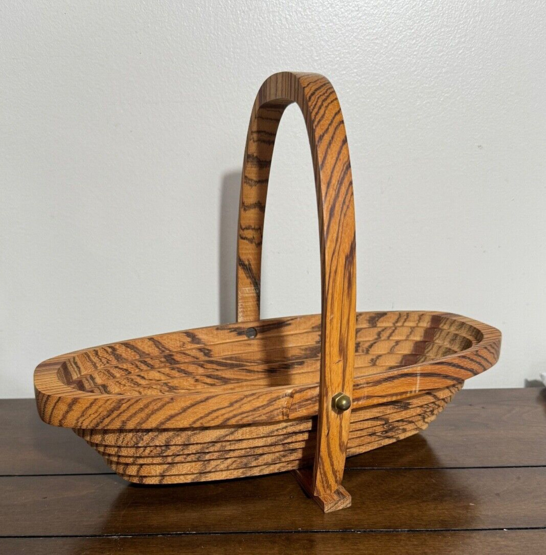 VTG Deep Spring Studio Handmade Tiger Wood Collapsible Oblong Fruit Basket Decor