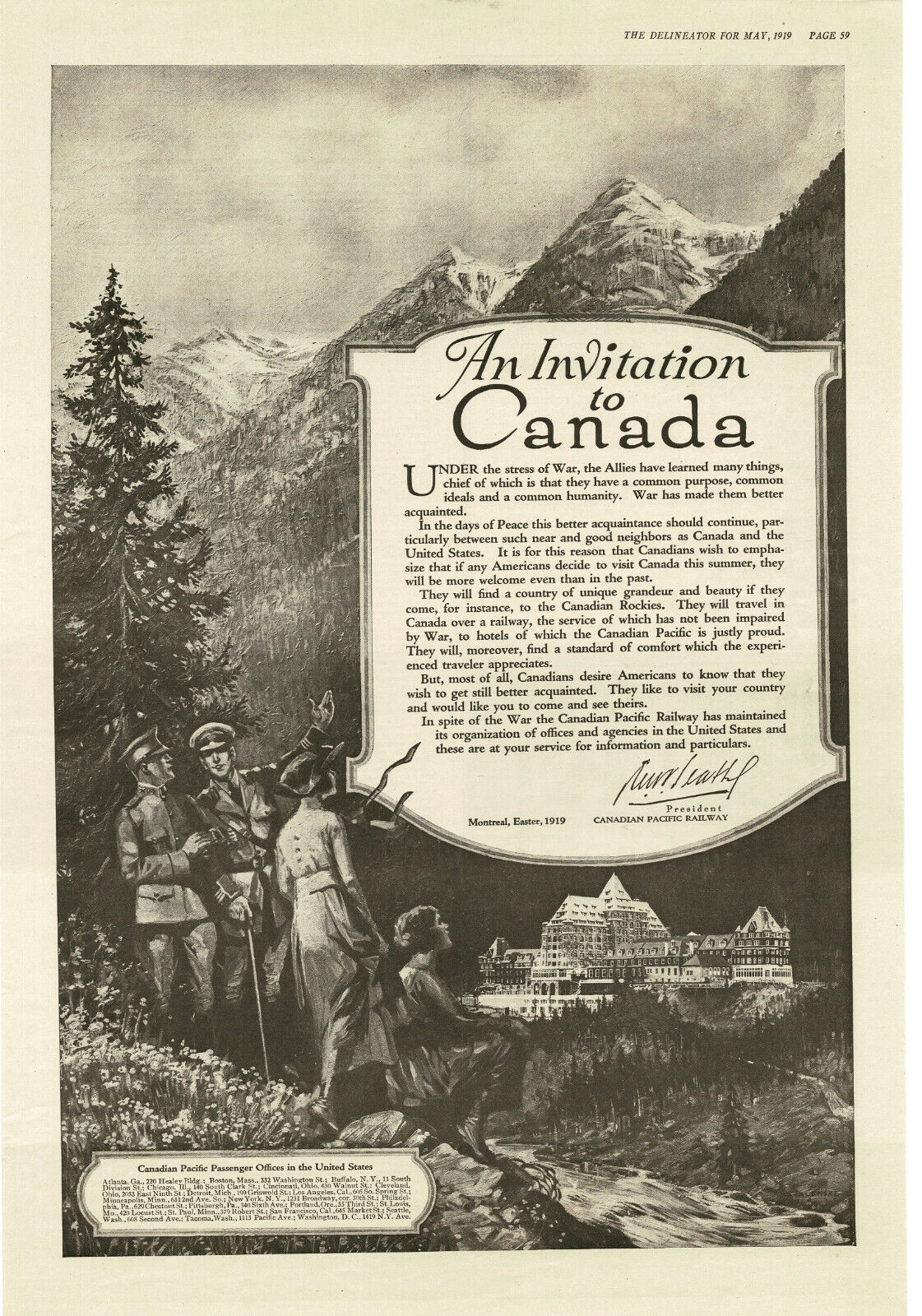 1919 CANADIAN PACIFIC RY Rockies WWI Soldiers Banff Springs Hotel Vintage Ad