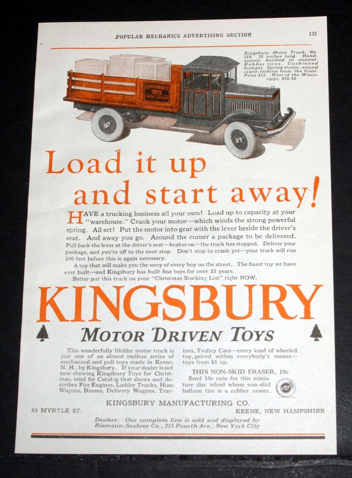 1926 OLD MAGAZINE PRINT AD, KINGSBURY MOTOR DRIVEN TOYS, NO. 318 MOTOR TRUCK