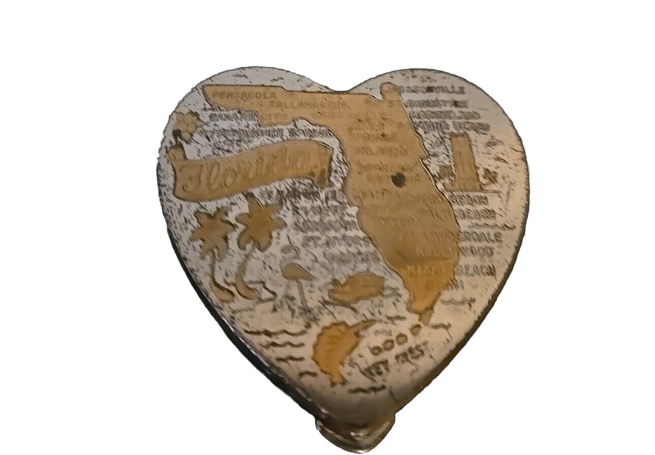 Vintage Souvenir Compact Case Florida Gold Heart Make-up Mirror 