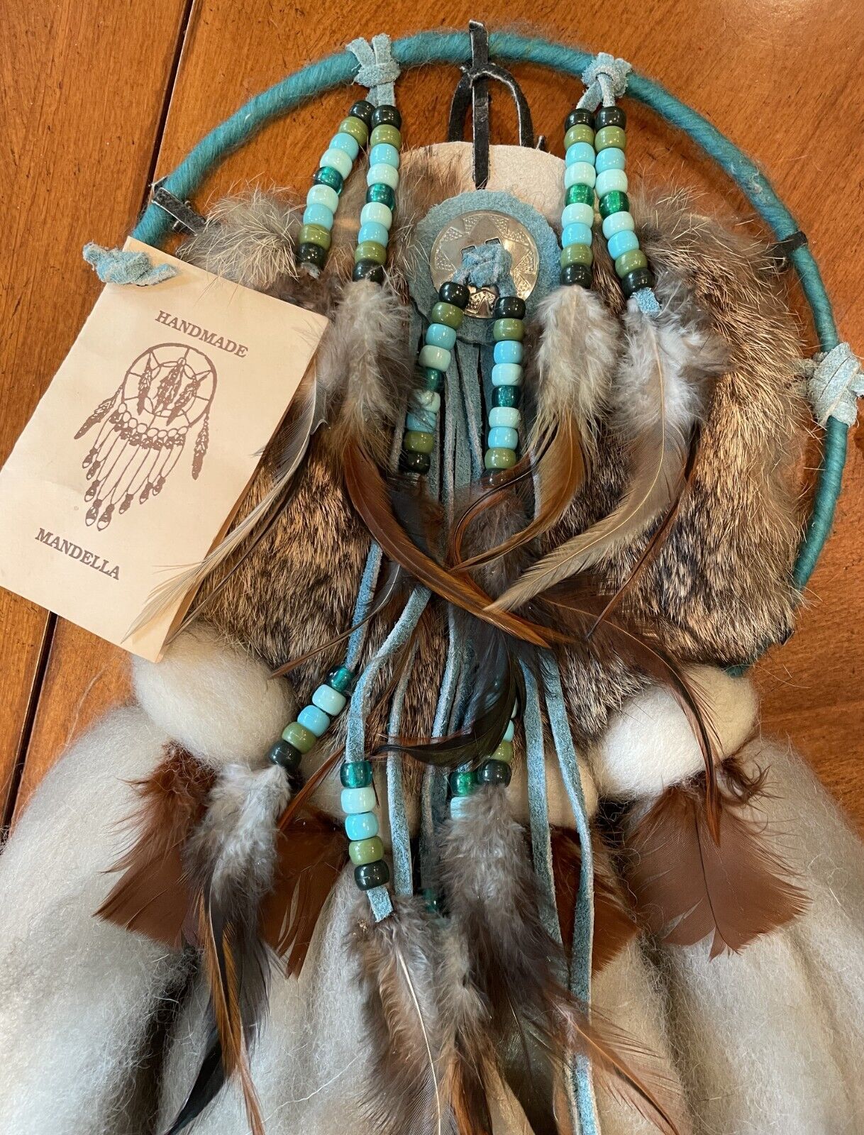 Vtg Native American Indian Dream Catcher Mandella Wool Fur Leather Beads Large