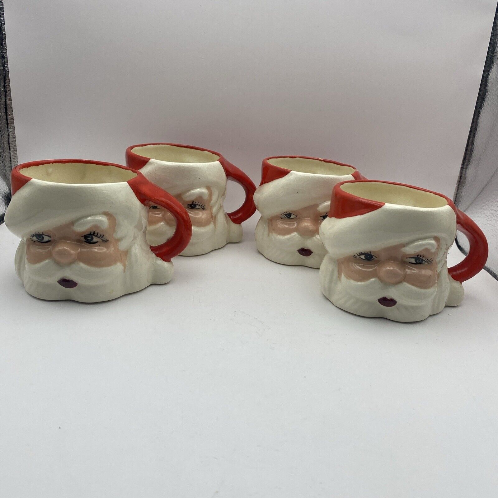 RARE Old 1960s Christmas Vintage Santa Face Mugs Handpainted Set of 4