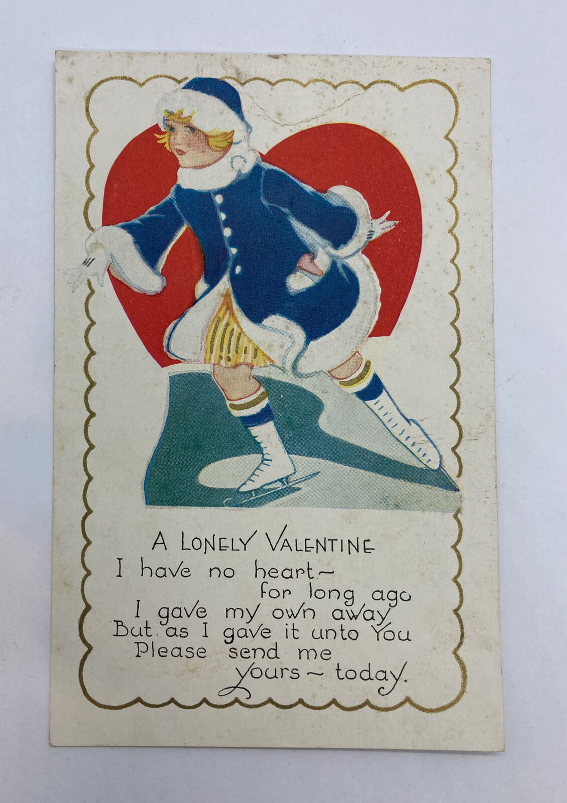 Valentine Girl Skating Postcard A Lonely Valentine / Unposted/ Rare