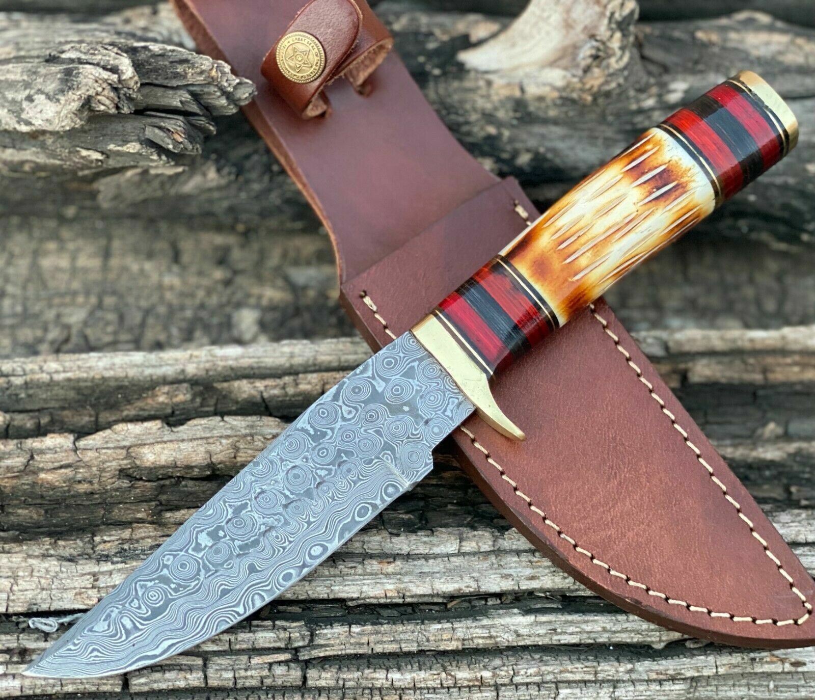 HANDMADE FORGED DAMASCUS Steel Hunting Knife With Brass Guard Camel Bone Handle