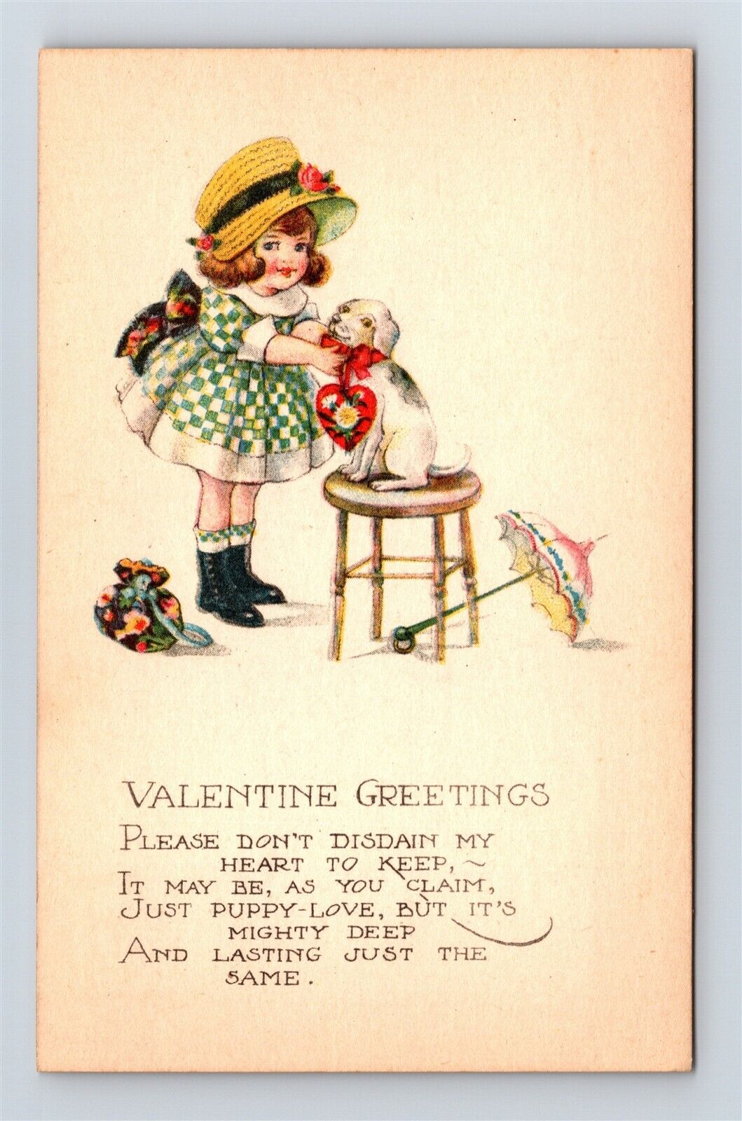 Postcard Valentine Greetings Girl Puppy Dog Parasol c1920s AK4
