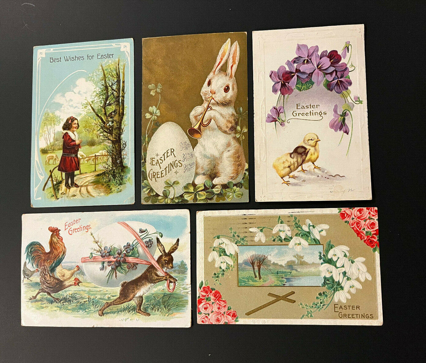 Vtg.Embossed Postcard:  Animorphic Trumpeting bunny,chicks, etc