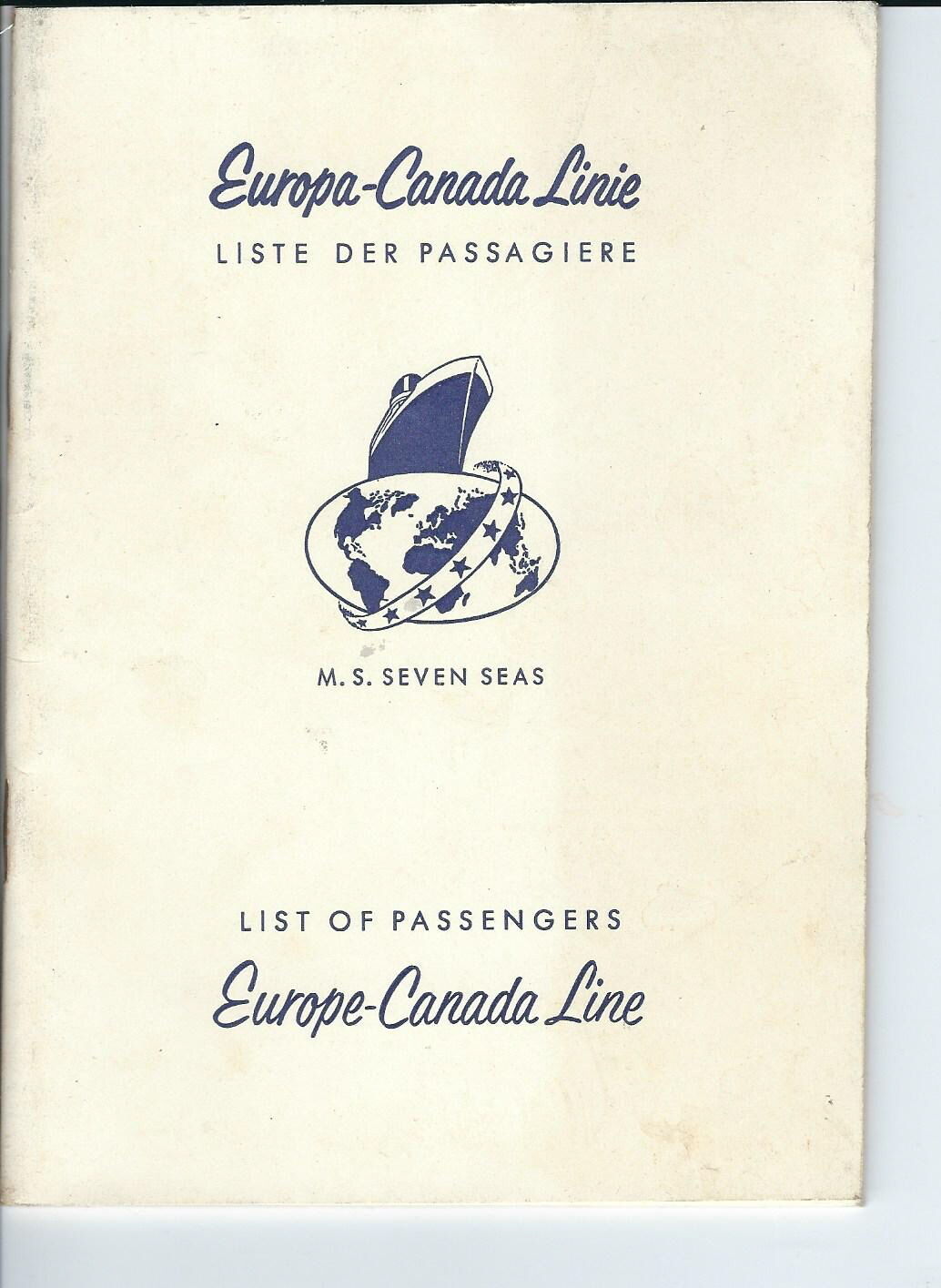 NE-046 - Europe Canada Line, M.S. Seven Seas, List of Passengers, August 1957