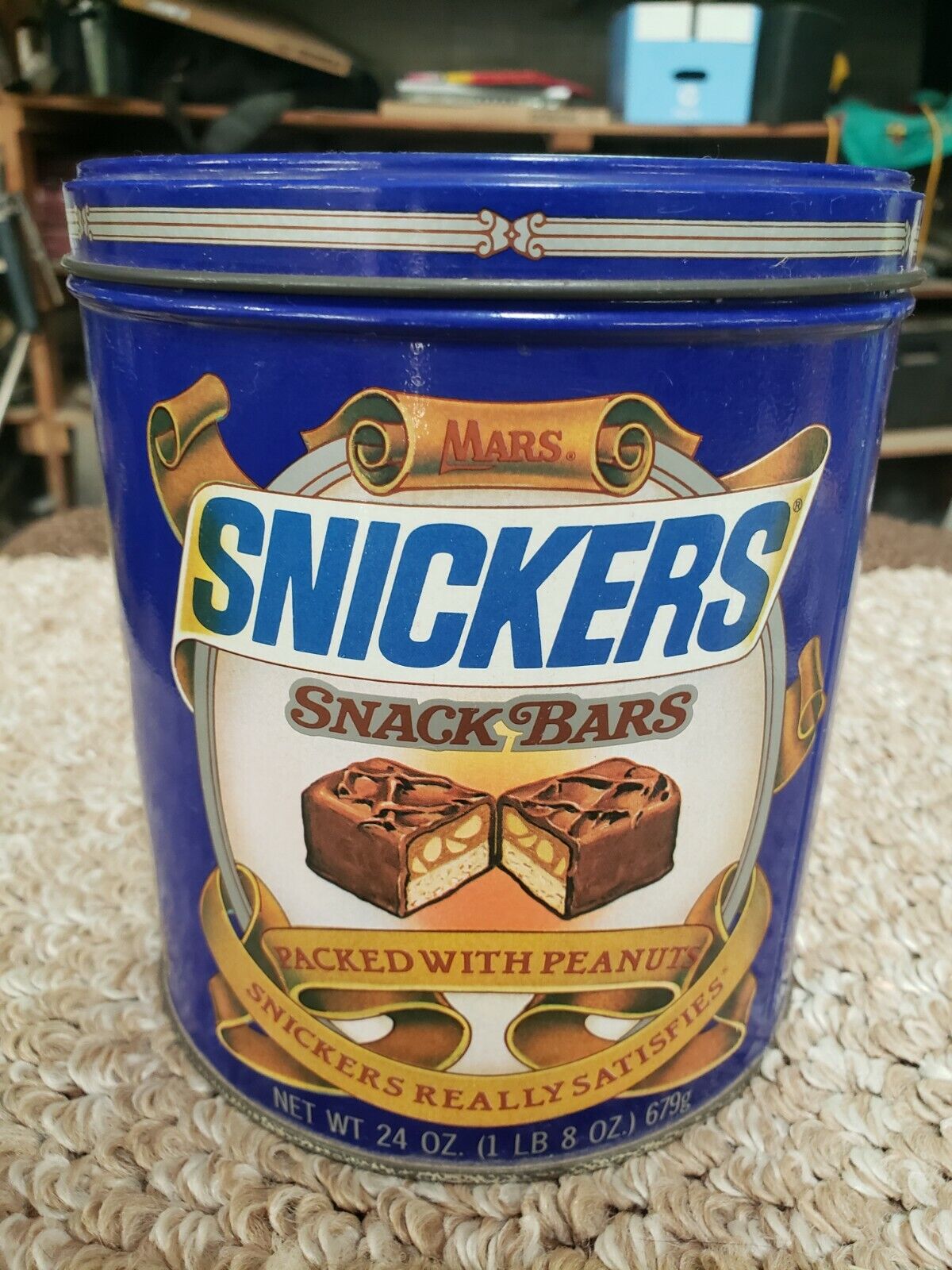 Vintage Antique Mars Snickers Candy Bar Metal Tin Can 24 oz Cookie Jar