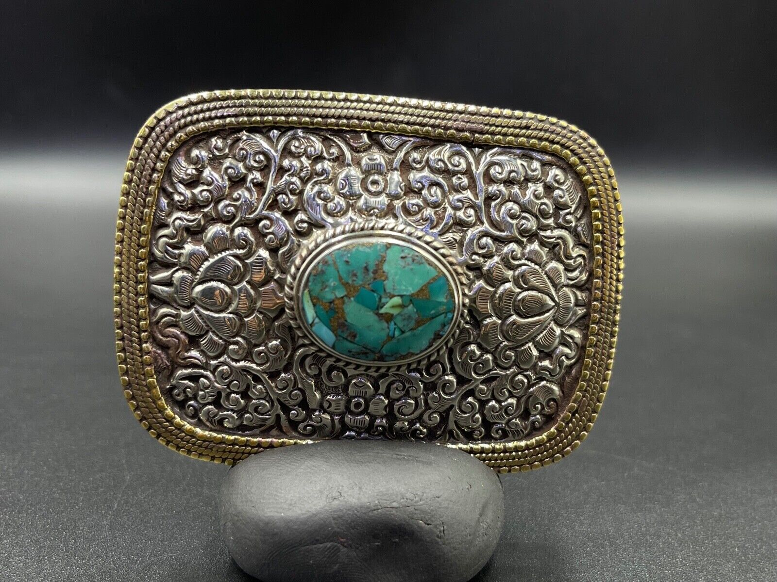 Wonderful Vintage Tibetan Nepali Silver Belt Buckle With Turquoise Stone