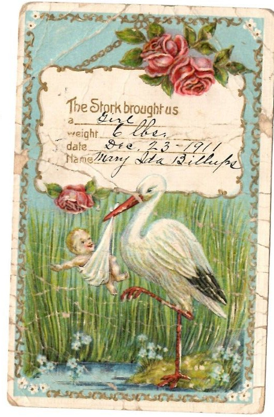 Antique Postcard The Stork Brought Us Dec 23 1911 Mary Ida Billups Caldwell ID