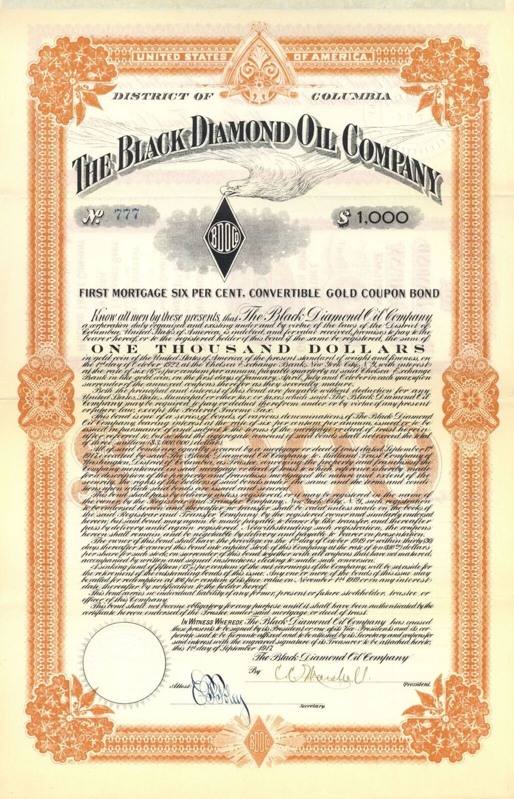 Black Diamond Oil Co. - 1917 dated $1,000 District of Columbia Oil Gold Bond (Un
