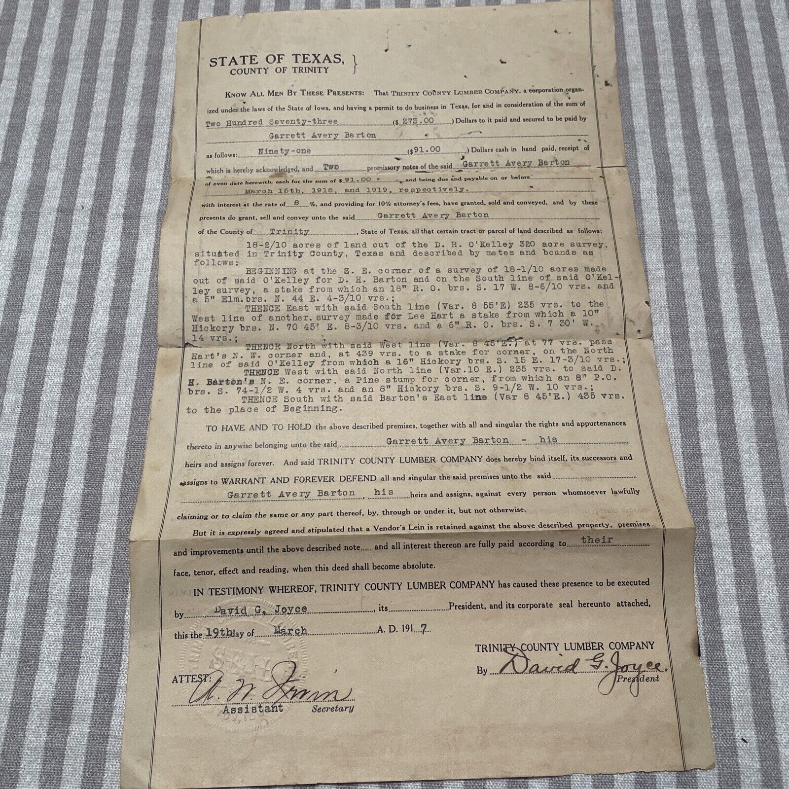 Trinity County Lumber Co Deed Of Sale 1917 signed David G Joyce