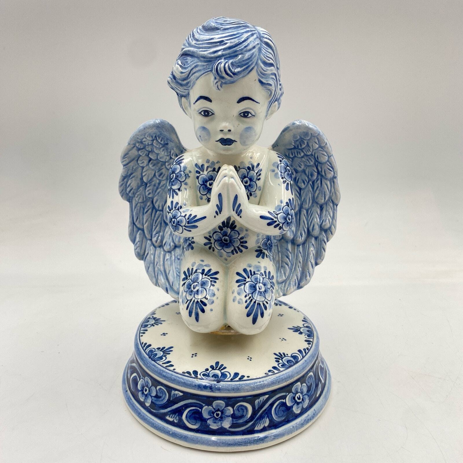 Vintage Beautiful Delft Blue Cherub Angel Porcelain Music Box, Delft Blue Angel