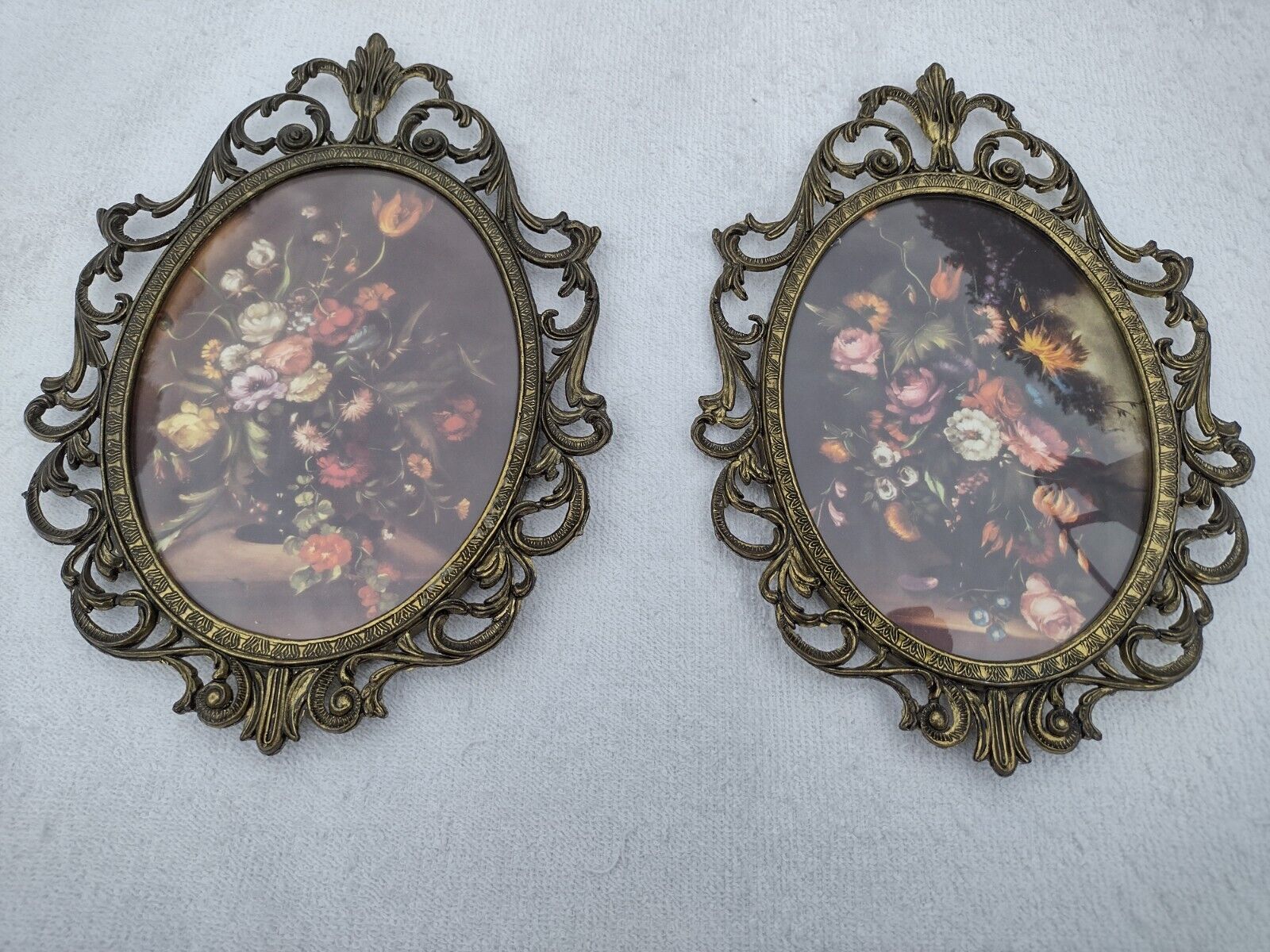2 Vintage Italian Bubble Glass Floral Art Brass Frames Convex Ornate Made Italy